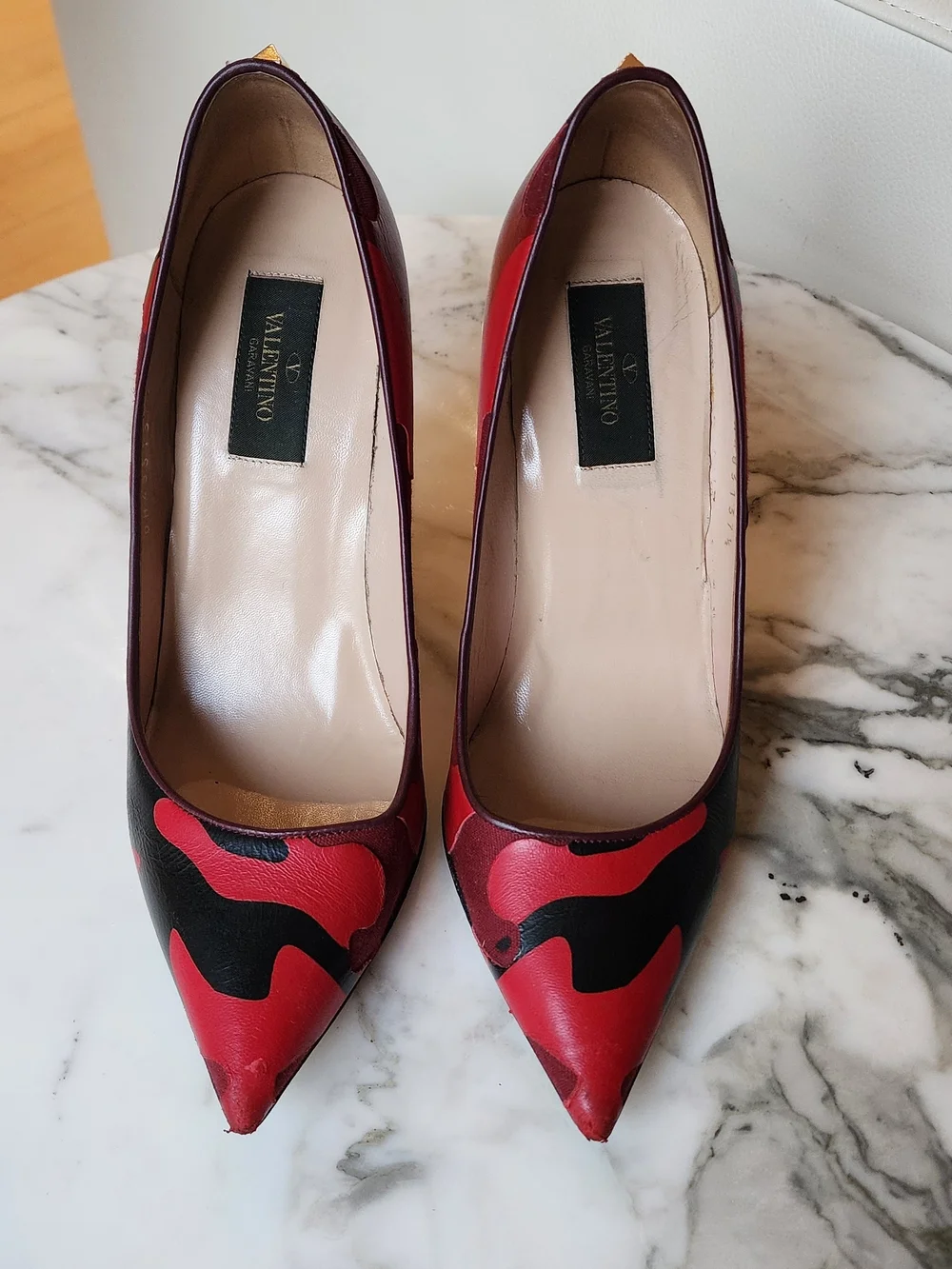Valentino Rockstud Red & Black Camoflauge Leather Pumps Size 37.5